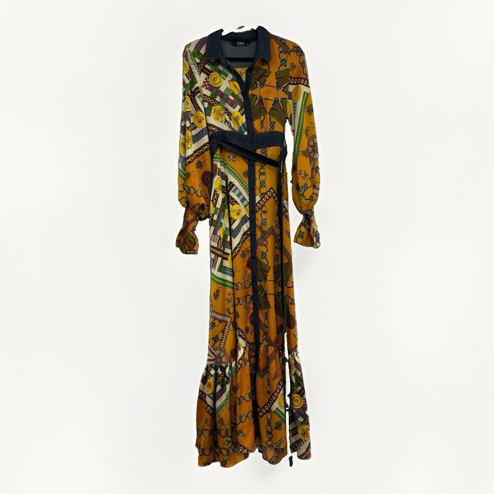 Tov Los Angeles Dress Size 38 Maxi Size Small Medium Maximalist Holy Denim Trim